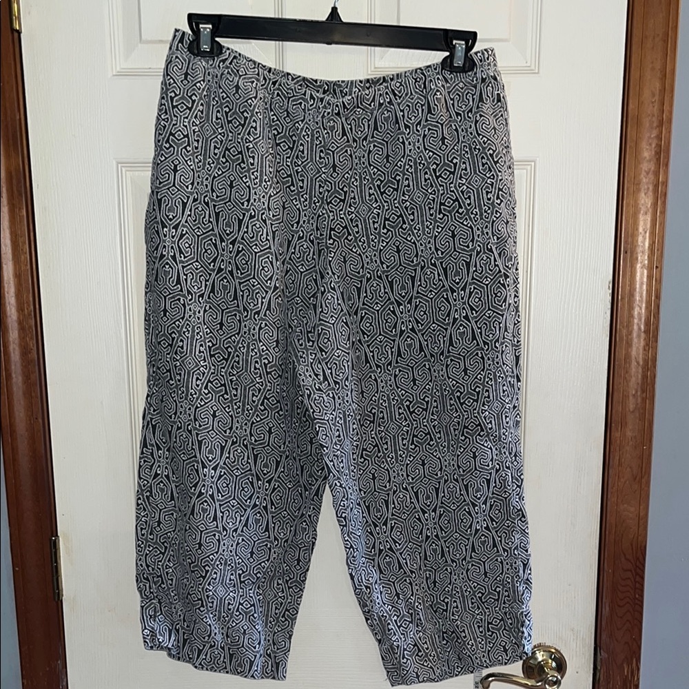 J.Jill-MP-love linen-Black&White geometric pattern, Cropped Pants  Ankle Detail.